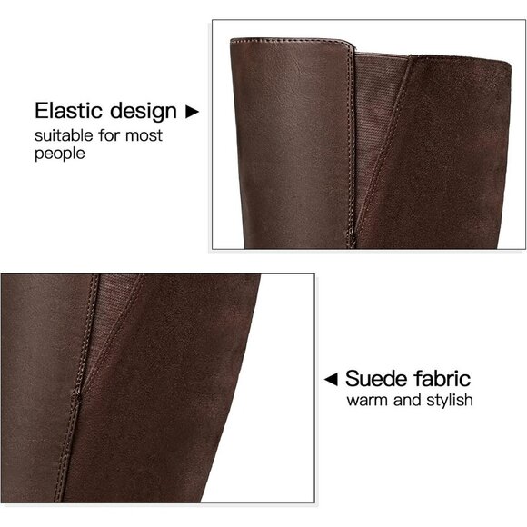 Women's Splicing Brown Knee High Imported Chunky Heel Boots With Zipper Shoes - Picture 4 of 6